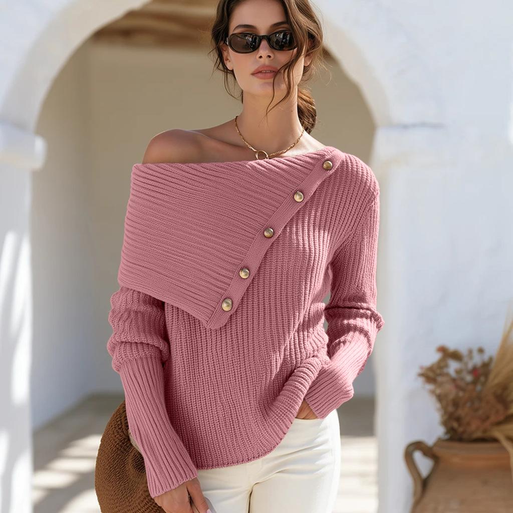 Women's Off Shoulder Long Sleeve Pullover Sweater with Loose Fit and Button