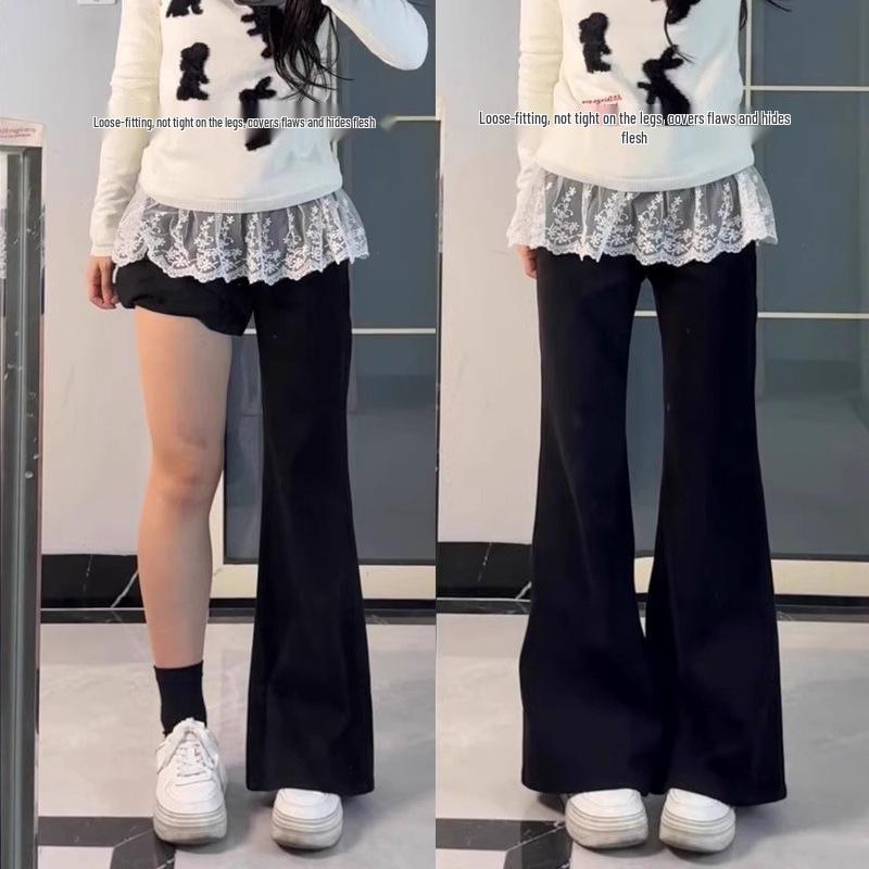 Women's High-Waist Black Micro-Flare Non-Stick Jeans - Plus Size, Wide Leg, Floor-Length, Autumn Collection