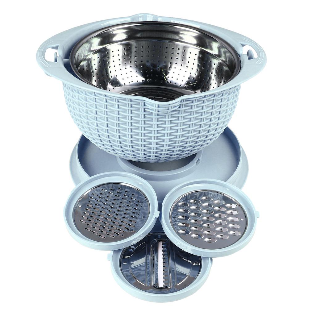4 In 1 Colander Bowl with Slicing Tools Rotatable Strainer 2 Layer Stainless Steel Ergonomic Handle