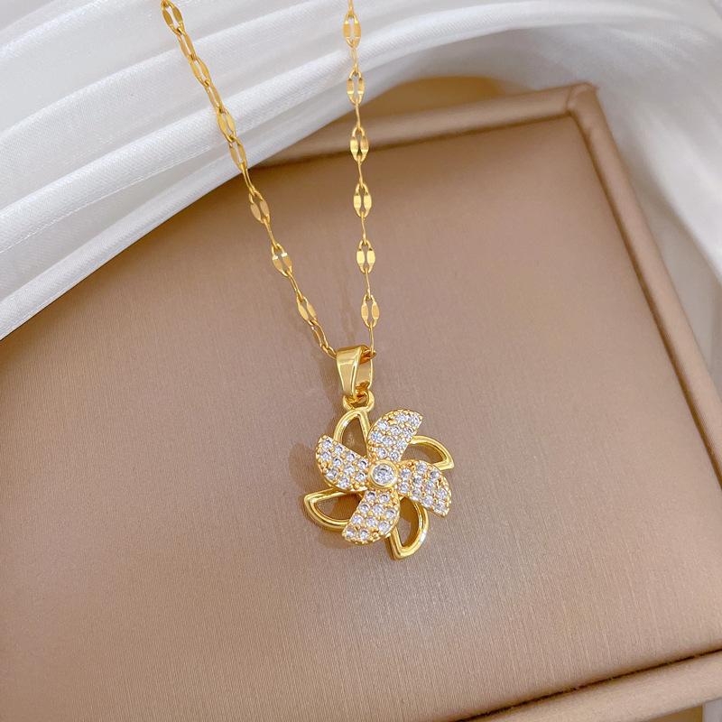Titanium Steel Rotating Windmill Light Luxury Temperament Gorgeous Full Diamond Necklace Female Versatile Collarbone Chain Titanium Steel Chain
