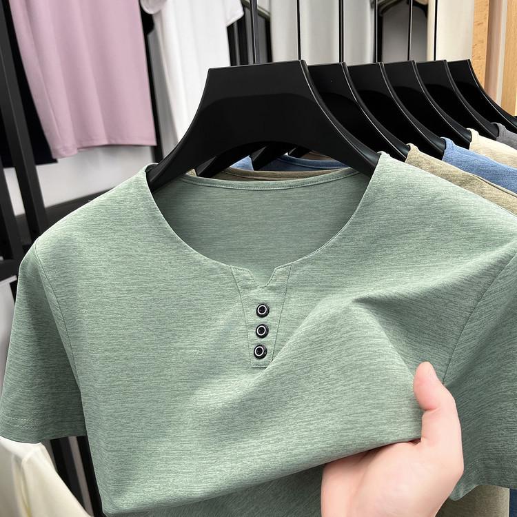 Men's Summer Crew Neck Solid Color Casual Short Sleeve T-shirt, Versatile Korean V-neck Style