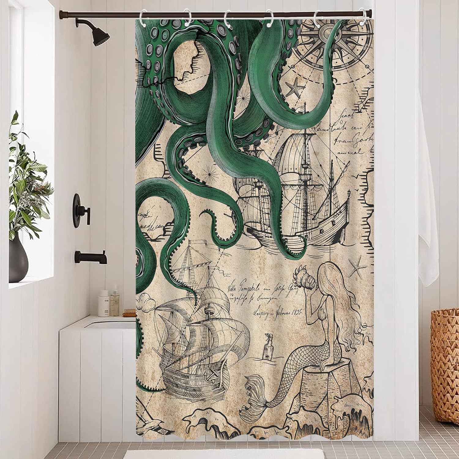 Helenal Green Stall Vintage Nautical Octopus Shower Curtain Mermaid Funny Ocean Kraken Shower Curtains For Bathroom Cool Anchor Coastal