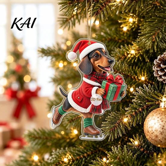 Unique Holiday Gifts for Dachshund Owners Christmas Ornaments, 2D Flat Dog Themed Acrylic Xmas Ornaments Tree Hanging Decoration Car Rearview Mirror,