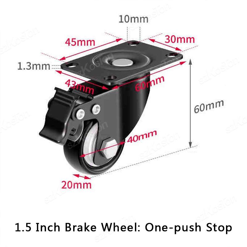 2pcs 1.5 inch 2inch Heavy Duty Black Swivel Castor Wheels Trolley Furniture Caster PP Material Flat Brake Gold Drill Caster