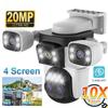 LS VISION מצלמת WiFi חיצונית 20MP, זום אופטי 10X, 10K, ארבע עדשות, ארבעה מסכים, PTZ, אודיו דו כיווני, מעקב אוטומטי, מצלמת אבטחה CCTV
