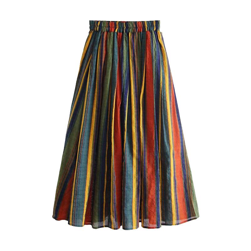 

MOUKYUN Летняя женская юбка-трапеция с высокой талией в цветную полоску, винтажная длинная юбка-миди с большим качелями Fladas One Size
