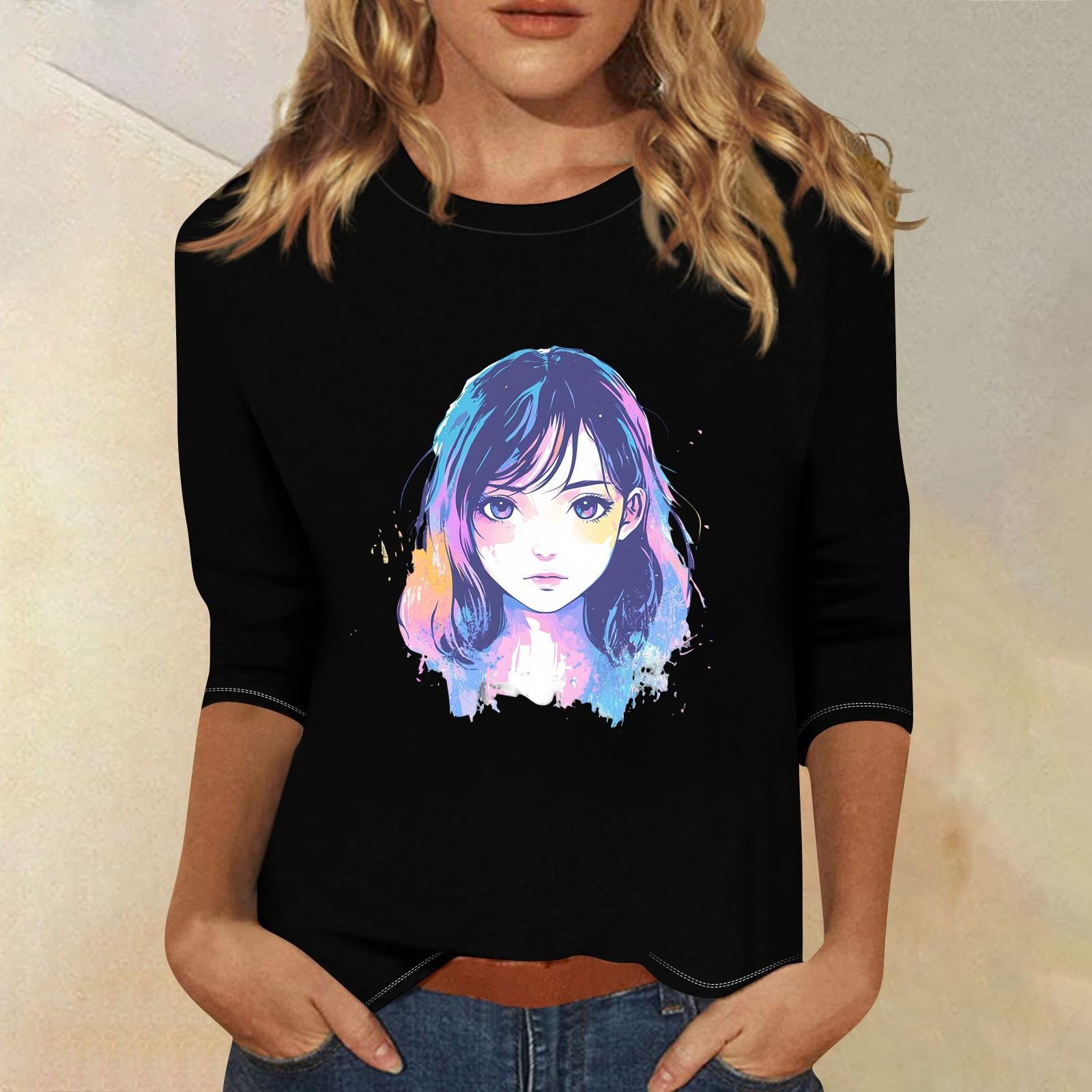 

3/4 рукава топы для женщин футболка повседневные принты топы футболка круглый вырез пуловер блузка XL чёрный