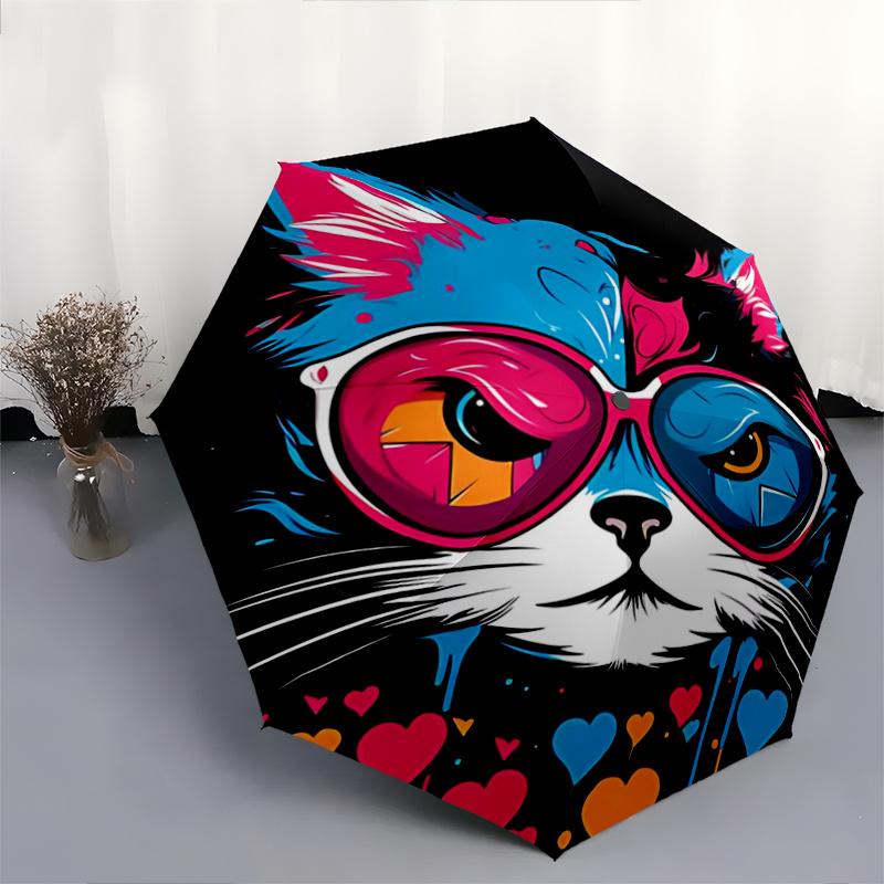 1pc Creative Glasses Cat Automatic Open/Close Umbrella, Portable Compact Umbrella for Men & Women A031