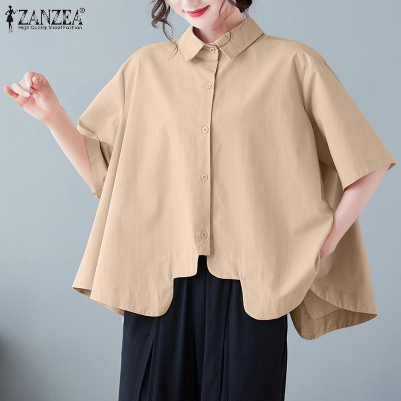 

ZANZEA Женщины Повседневный откидной воротник с коротким рукавом Негабаритная блузка