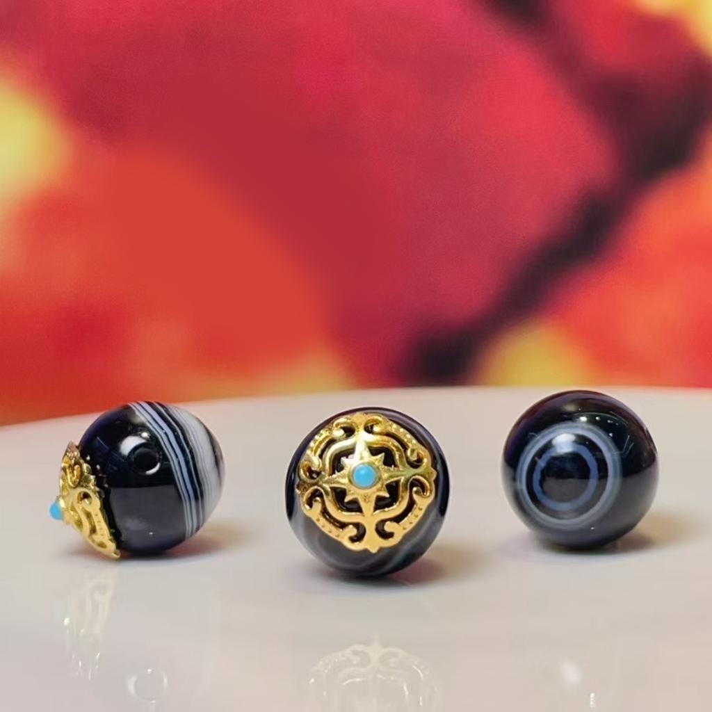 5Pcs, Tibetan Dzi Beads, Golden-Plated Carved Decor with Gemstone Inlay, Ethnic Style DIY Bracelet Necklace Jewelry Spacer, Loose Beads 12×14mm