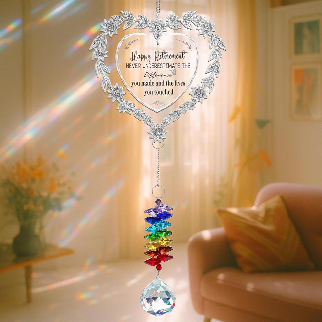 Retirement Heart Suncatcher Ornament – Crystal Rainbow Prism with Engraved Quote “Happy Retirement” – Meaningful Gift for Retirees,