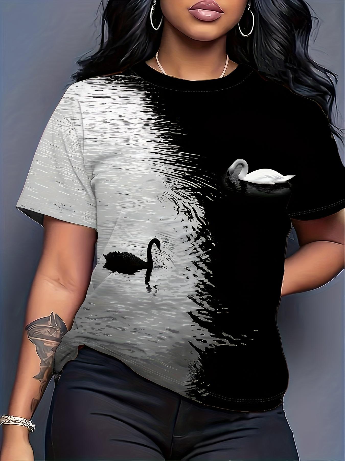 

Black and White Swan Print Women s Top. Vintage Art Design. Comfortable Fabric. Summer Women s Round Neck T-shirt 2XL дубильна кора
