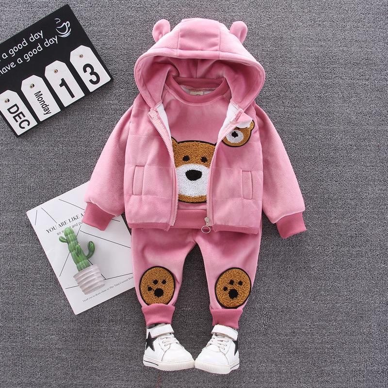 Autumn Winter Baby Boys Clothes Sets Thick Fleece Cartoon Bear Jacket Vest Pants 3Pcs Cotton Sport Suit For Girls Warm Outfits