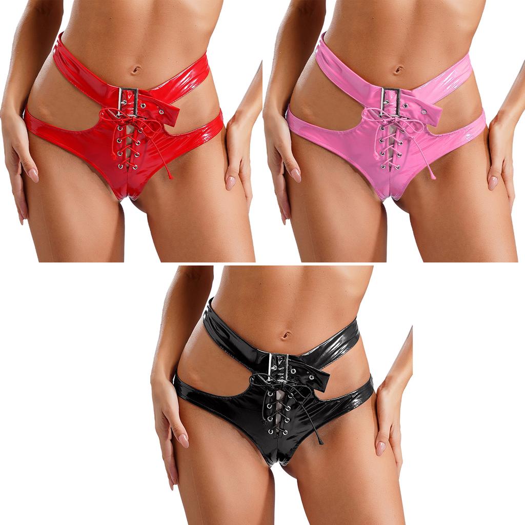 Women Wet Look Patent Leather Briefs Cutout Lace-up Latex Panties Booty Shorts Lingerie Underwear Rave Party Pole Dance Clubwear