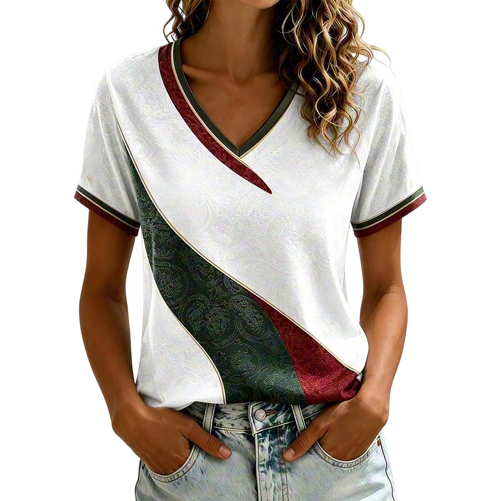 Women's V-Neck Short Sleeve T-Shirt with Mexico Inspired Graphic Print for Casual Daily Wear
