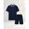 Men's Casual Navy Textured Polo Shirt Drawstring Shorts Summer Outfit