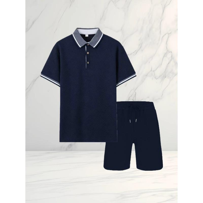 Men's Casual Navy Textured Polo Shirt Drawstring Shorts Summer Outfit