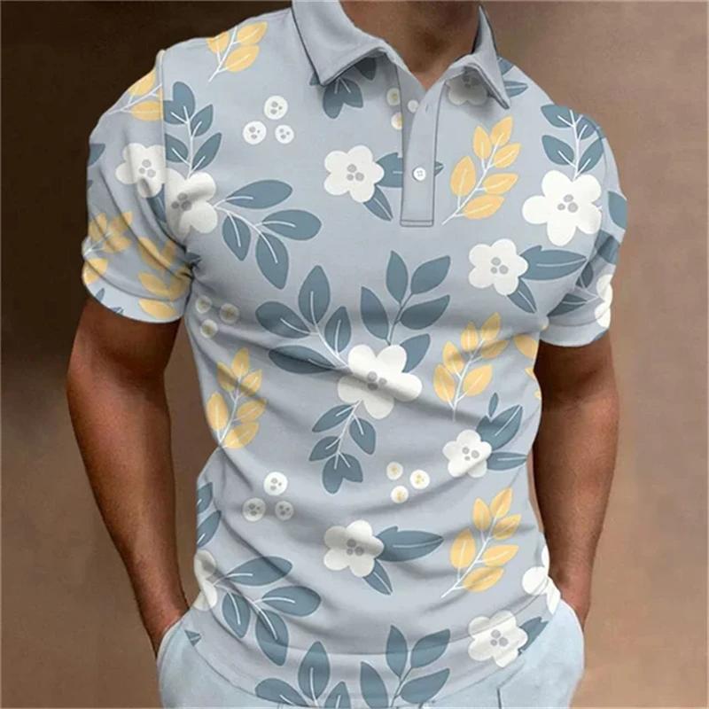 Fashionable men's polo shirt 3D printed flower pattern button lapel short sleeved top