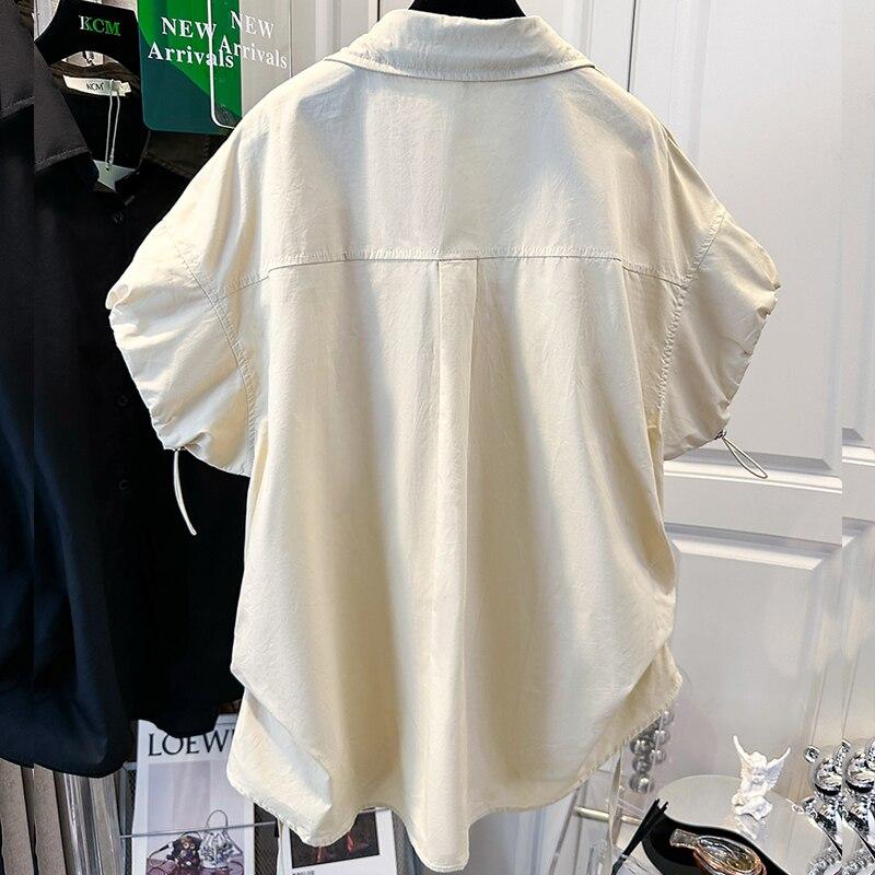 Fashion Turn Down Collar Single Breasted Shirt Puff Short Sleeve Casual Loose Lace-up Drawstring Tops White Summer Blouse 27514