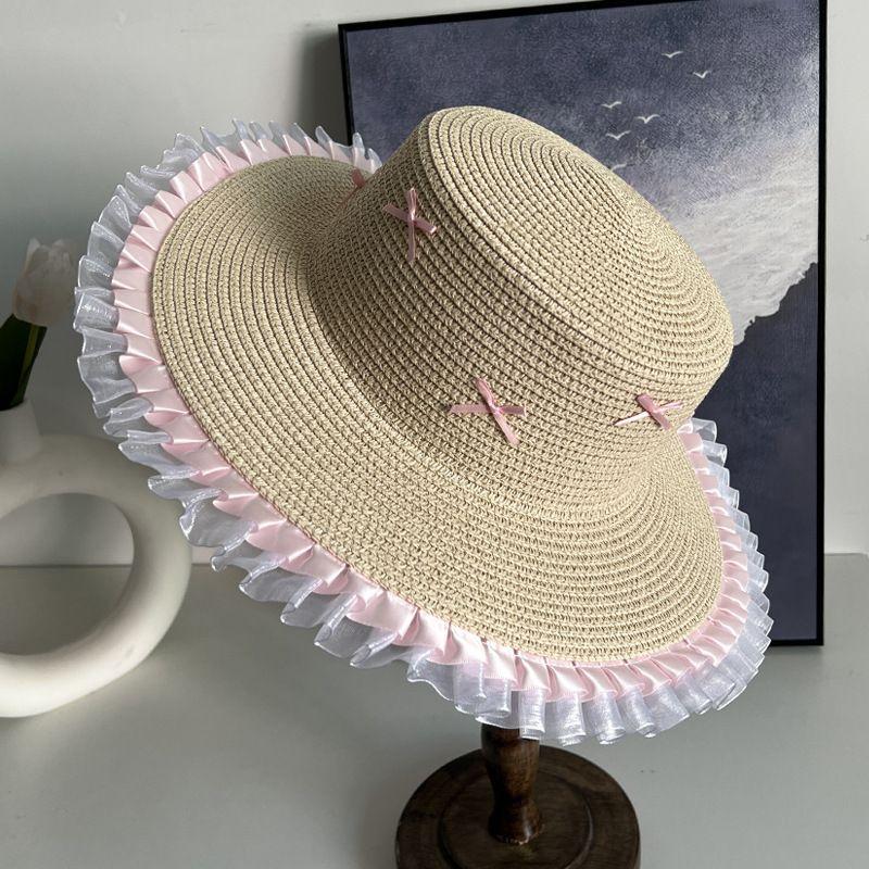 100.00kg Plus Size Women's Big Brim Grass Bows Hand-Woven Seaside Beach Hat Sun-Proof Face Cover Sun-Shade Straw Hat