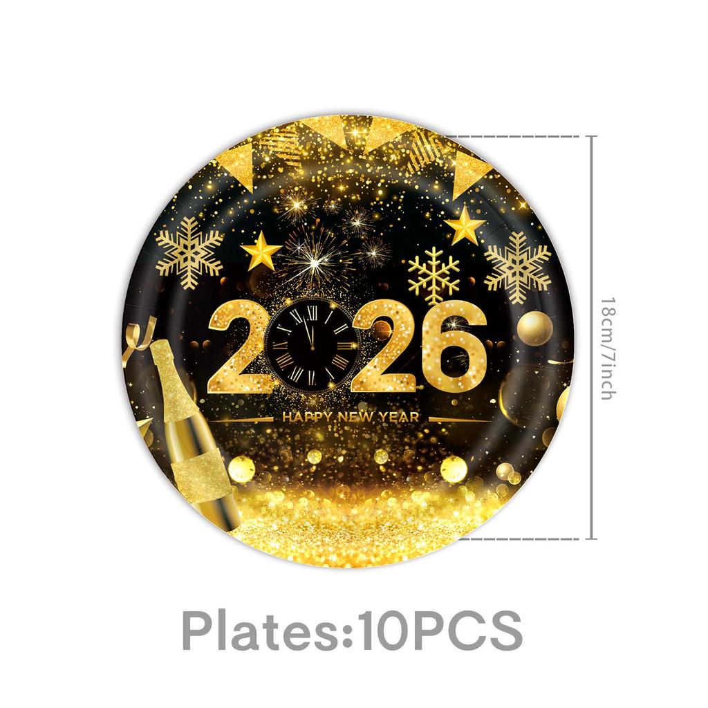 New Year 2026 Black and Gold Party Set: Paper Plates, Napkins, Pull Flag, Tablecloth