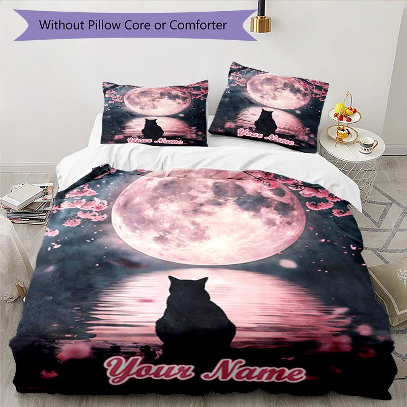 3PC Custom Name Night Moon Cat Reflection Bedding Set Duvet Cover Closure Includes 1 Duvet Cover & 2 Pillowcases for Bedroom