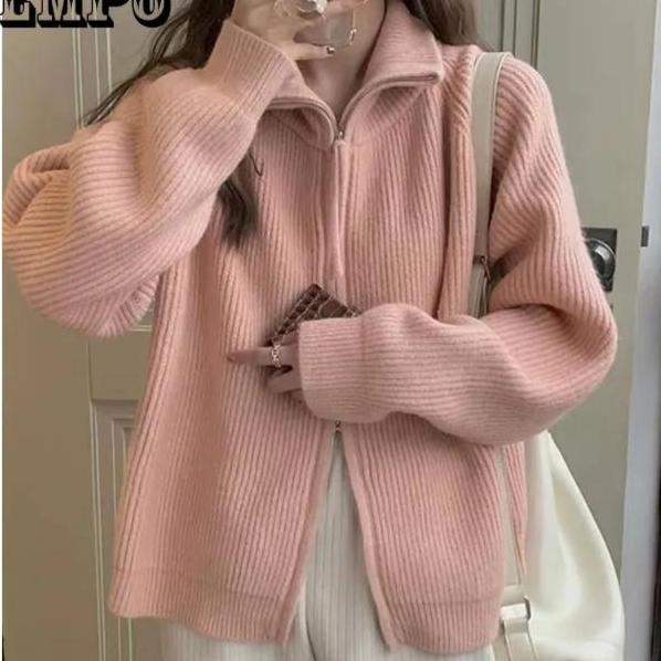 WTEMPO Long Sleeve Knit Sweater Women Spring Autumn Retro Korean Style Lapel Zip-up Knit cardigan Loose Thickened Outerwear