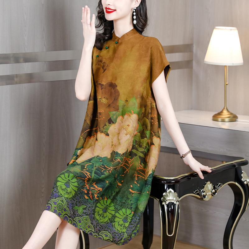 Sukienka w stylu qipao w stylu chińskim, nowy wzór w stylu vintage, średniej długości sukienka z nadrukiem artystycznym