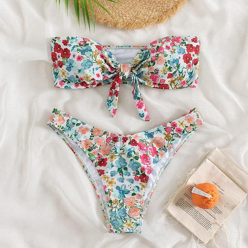 Floral Print Bandeau Bikini Set Off Shoulder Push Up Swimsuit Women Tube Top Bikinis Knot Swimwear 2025 Sexy Summer Bathing Suit