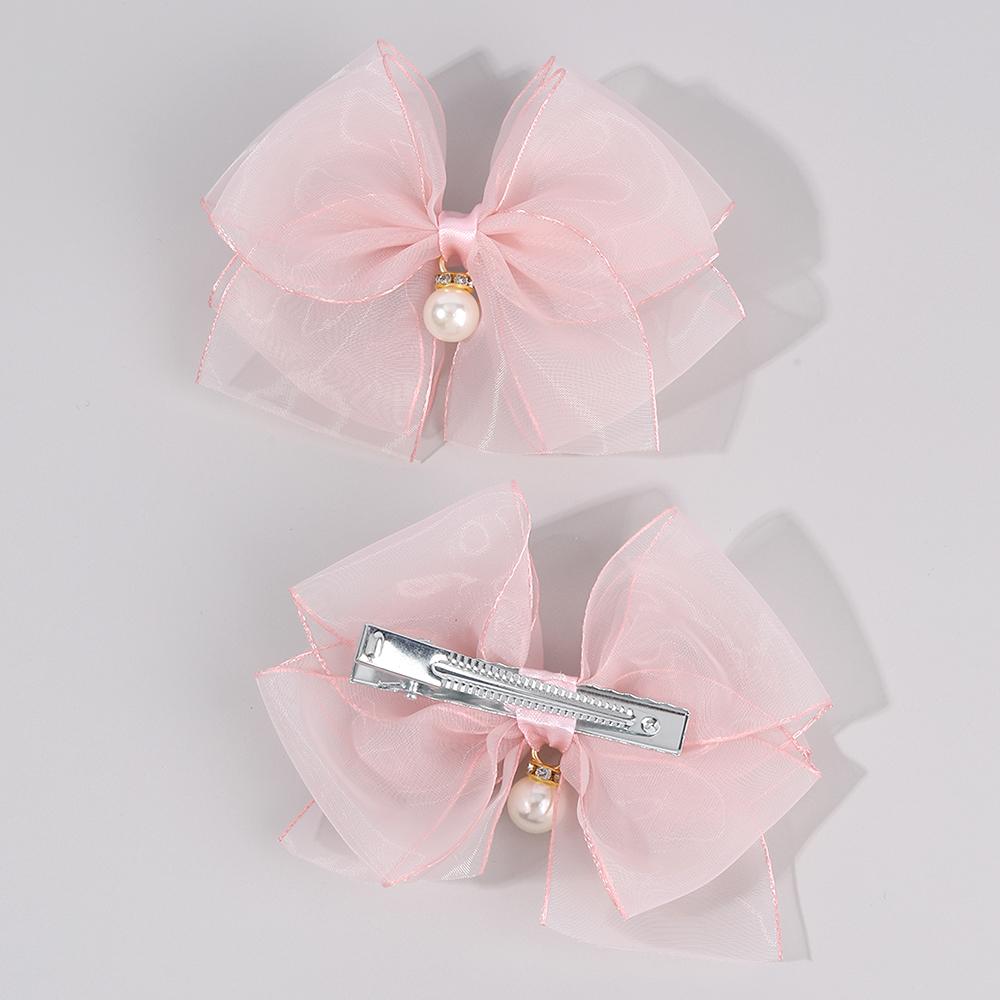 2Pcs Multi-layer Bow Hair Clips For Girls Chiffon Solid Hairpins Cute Pearls Pendant Barrette Kids Headwear Hair Accessories