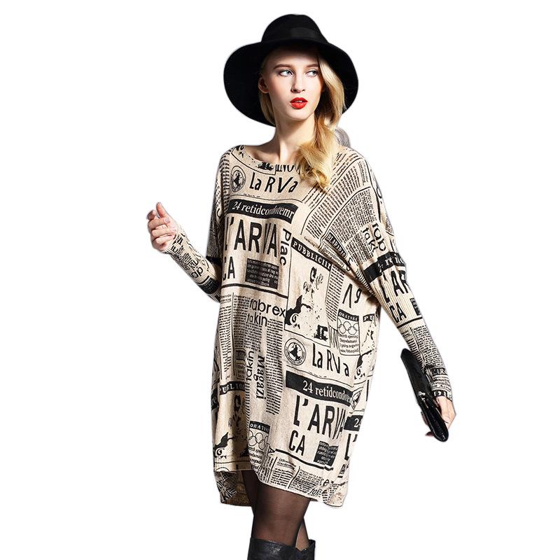 Autumn Plus Size Women's Newspaper Print Loose Knit Sweater