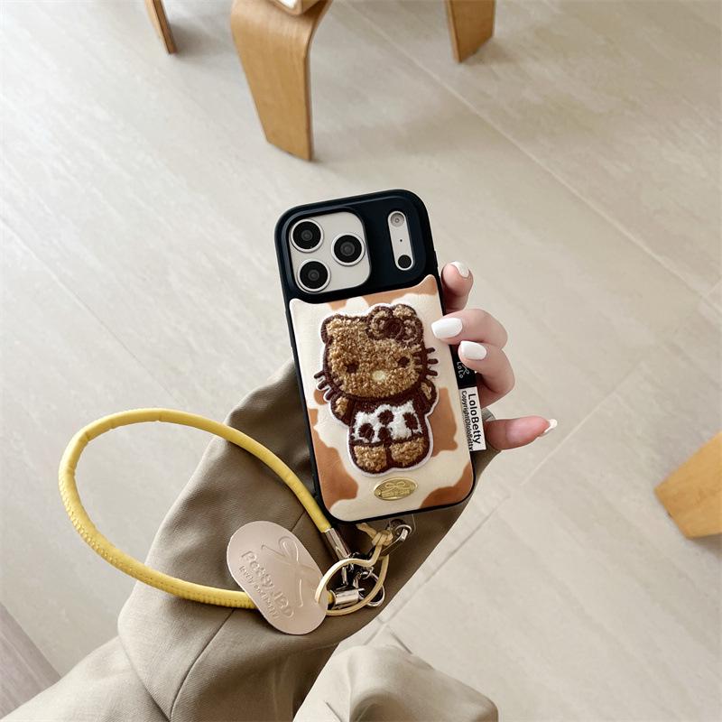 High-End Cow Print Kitty Lanyard & Embroidered Phone Case for iPhone 17/16 Pro Max/15/14