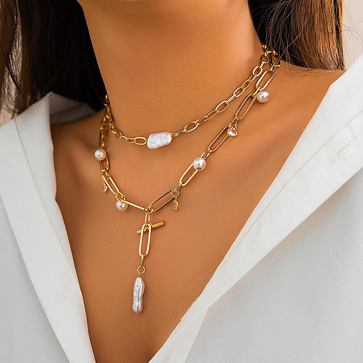 

Retro imitation pearl chain versatile beaded necklace, baroque niche stacked neck chain золотий