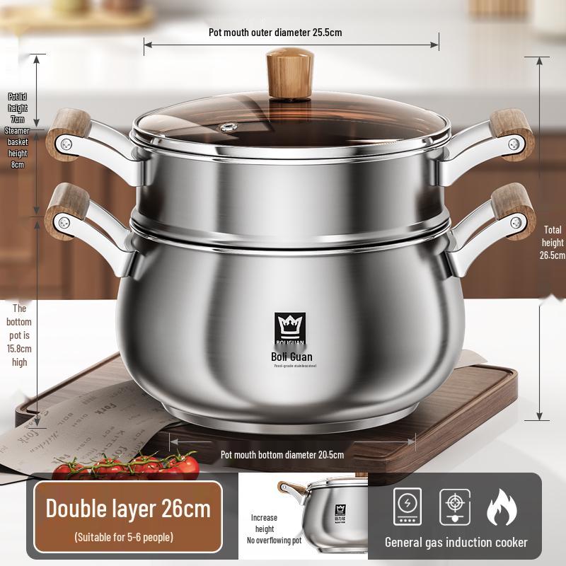 Large Capacity 2-Layer Stainless Steel Steamer Pot for Cooking and Stewing