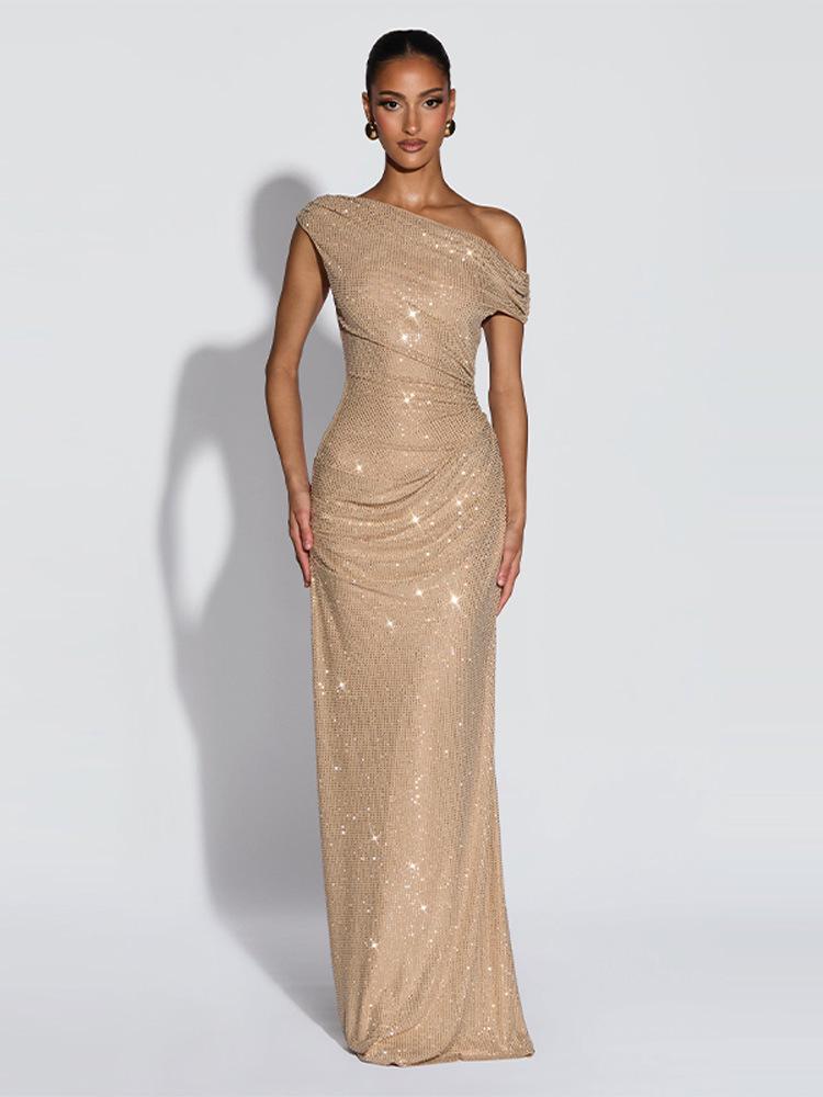 2026 European Spring/Autumn Rhinestone One-Shoulder Cut-Out Slim Fit Long Dress for Women