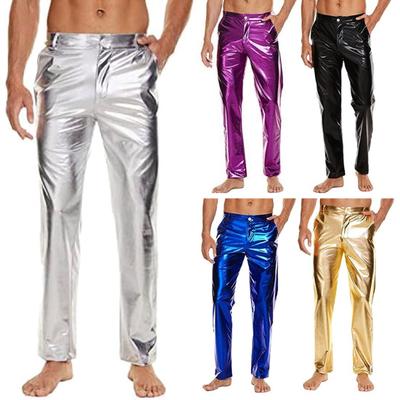 Men Pants Mid-rise Button Zipper Fly Shiny Casual Trousers with Reinforced Pockets Solid Color Glossy Club Pants