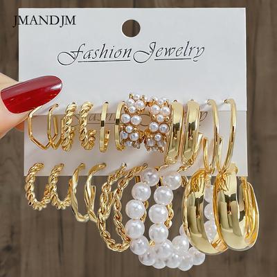 Nuovo set di orecchini geometrici retrò a forma di C in lega e perla, 6 paia di orecchini alla moda da donna di alta gamma