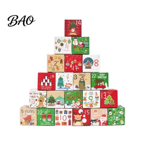 Christmas Countdown Calendar Box 24 Pcs DIY Advent Boxes, Days Gift Box, Santa Snowman Elk Print Boxes Empty Cardboard Number To Fill for Adults,