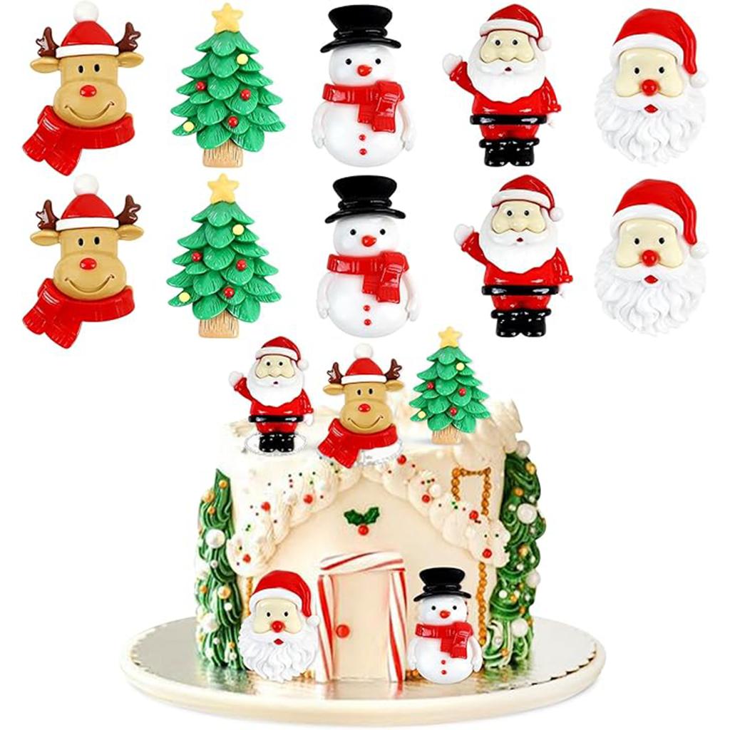 10pcs Resin 2D Christmas Cake Toppers Merry Christmas Santa Claus Tree Deer Cupcake Picks for Xmas Party Decor Supplies
