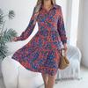 Women's Summer Fashion Printed Lapel Button Loose Long Sleeved Shirt Dress