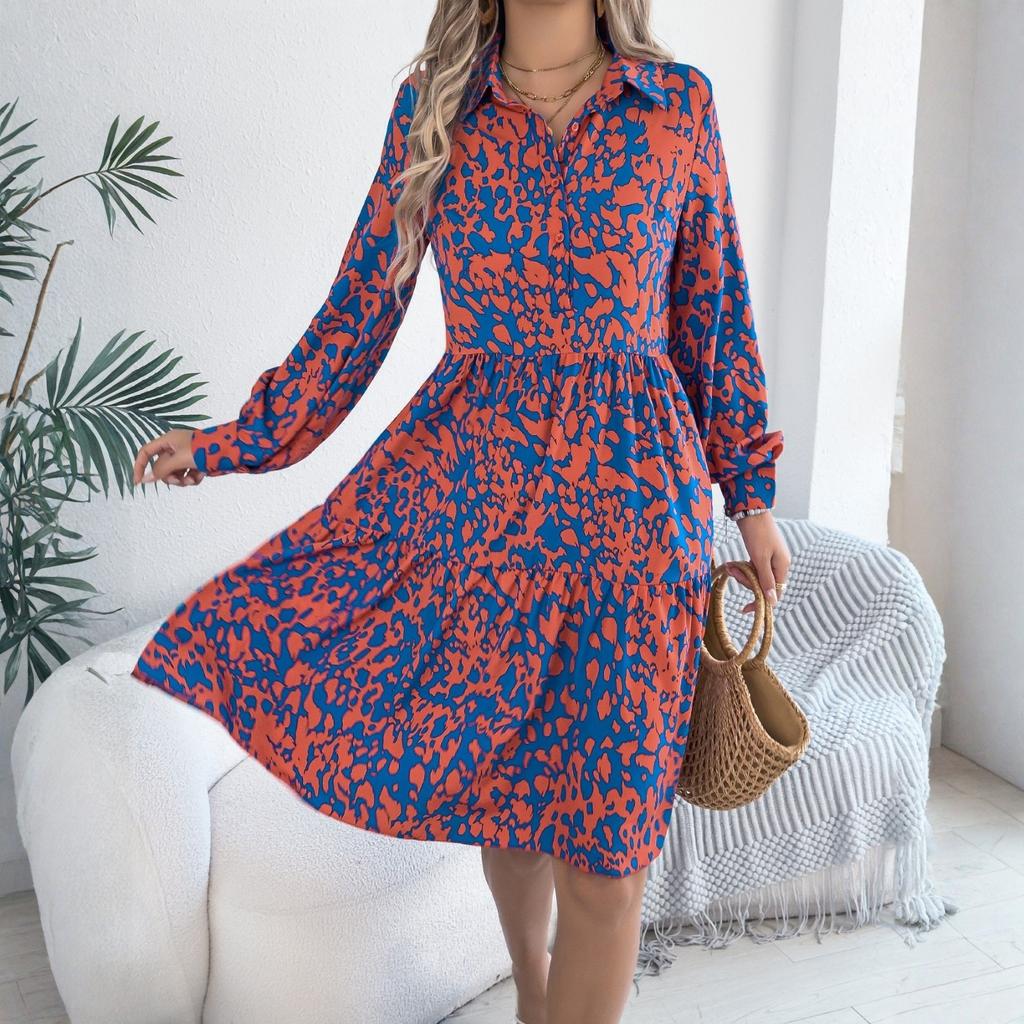Women's Summer Fashion Printed Lapel Button Loose Long Sleeved Shirt Dress