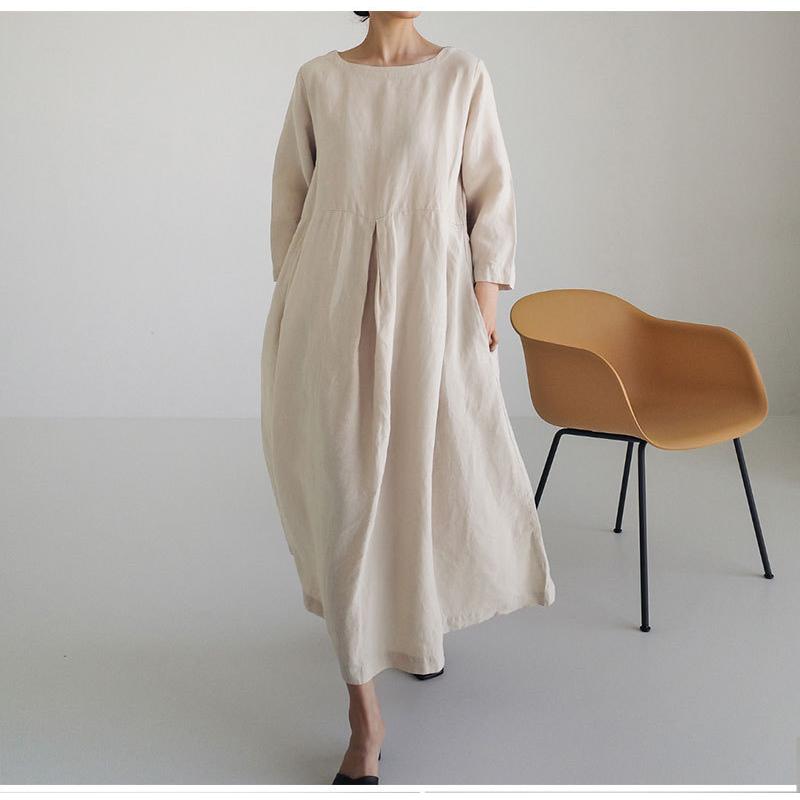 New Women's Plus Size Cotton Linen Dress, Loose Fit Round Neck Long Sleeve Knee-Length Pullover, Japanese Korean Forest Girl Style Casual Summer Dress