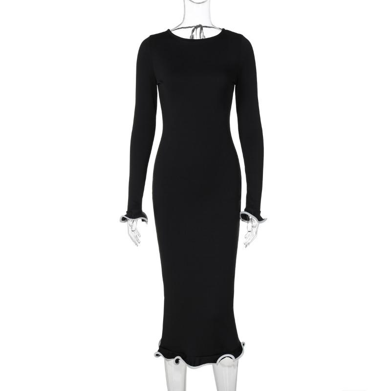 

Юбка с халтер-халтером и расклешенными рукавами, длинная трикотажная юбка, сексуальное платье контрастного цвета M чёрный