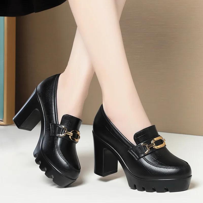 Soft Leather Black Shoe Woman Block Pumps 2025 Thick Bottom Platform Shoes Model Office Work 6.5 Cm 8 Cm High Heels Grace