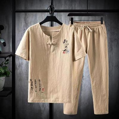 (Chemise + Pantalon) Chemise d'été de Style chinois pour hommes, chemises en coton et lin, chemises décontractées de haute qualité, deux pièces