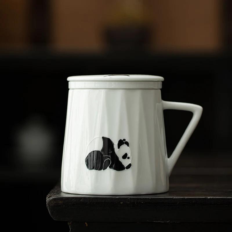 360ml Chinese Hand-painted Panda Ceramic Tea Cup with Strainer Handmade Porcelain Teacup Tea Water Separation Mug Travel Teaware