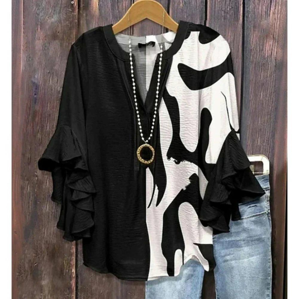 Large Women's Bohemian V-neck Shirt with Ruffle Sleeves, Grey Brown Floral Print Top, Casual Breathable Machine Washable Pullover