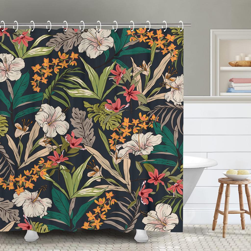 Boho Floral Shower Curtain, Hawaii Tropical Leaves Flower Bath Curtain Botanical Nature Summer Bathroom Decor Curtain with Hooks