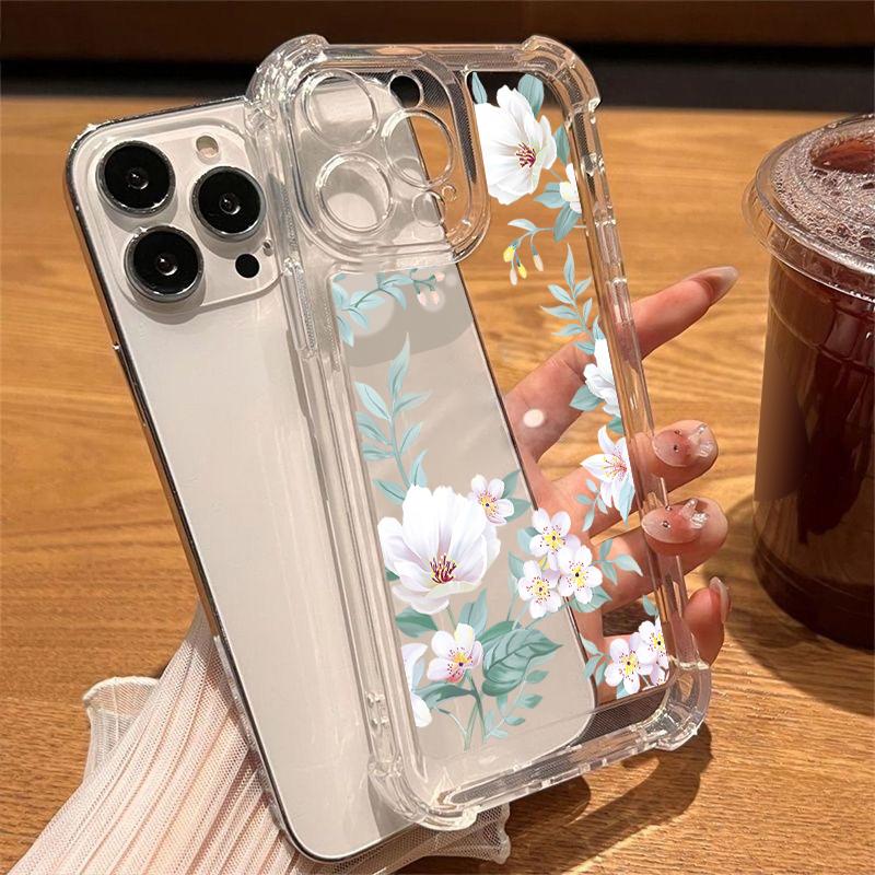 Floral Print Clear Slim Shockproof Case For iPhone 16 Pro 16E 15 Pro Max 14 13 12 11 Anti-Fall Soft Silicone Transparent Phone Cover