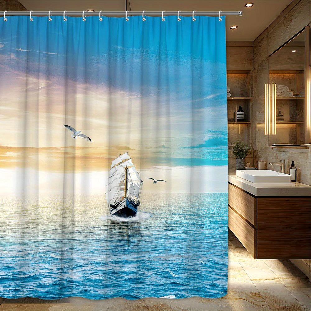 1pc Sailboat at Sunset Shower Curtain - Tranquil Turquoise Ocean, Peaceful Sky, Polyester, Coastal Bathroom Decor